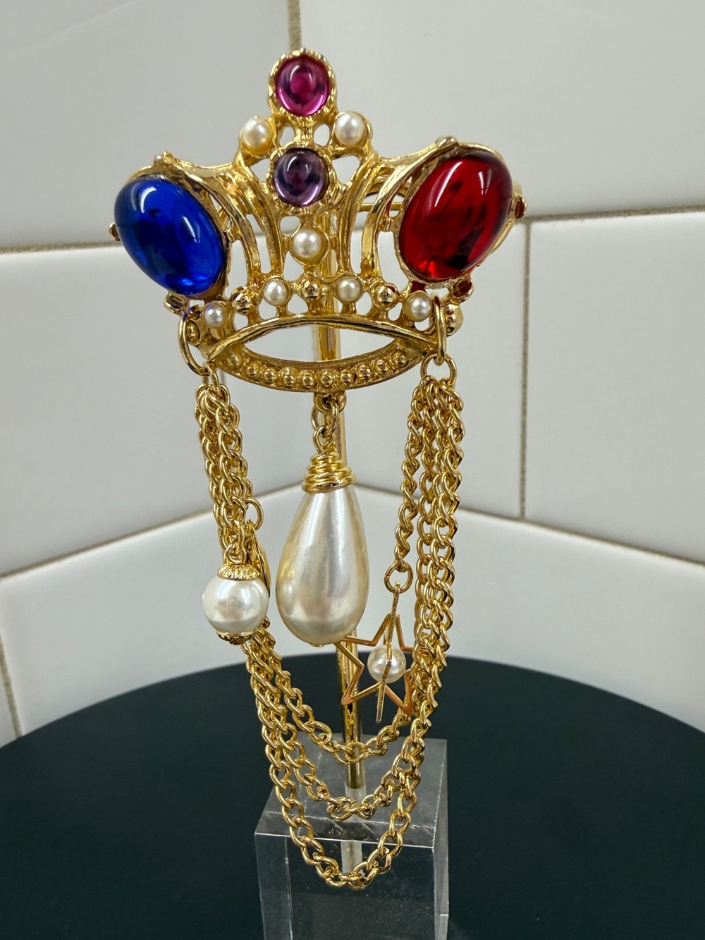 Gold-Tone Crown Pendant Brooch with Red & Blue Cabochons and Pearl Drops